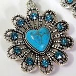 Boho Silver Turquoise Color Natural Stone Heart Flower Earrings New Blue Photo 1