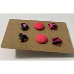 Fabric Covered Button Earring Stud Set Pink Black Set Hearts Stars Round Circles Photo 1