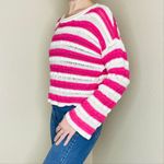 89th and Madison Pink & White Striped Cropped Flare Sleeve Crochet Sweater Photo 1