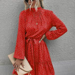 Red Polka Dot Long Sleeve Dress with Waist Tie Size M Photo 0
