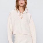 ZARA  Knit Hoodie Crop Sweater Cream Ivory “Awakening Knit Collection” Size Small Photo 1
