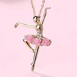 Gold Ballerina Pendant Necklace Pink Rose Tutu, Crystal Accents, Elegant Gift Photo 0