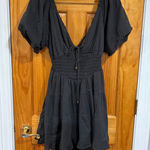 Free People  Perfect Day Black Cotton Mini Dress M Boho Puff Sleeve Cutout Photo 0