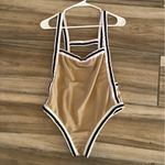 Nightwalker Tan White Caged Strappy Back Striped Trim Bodysuit Top Juniors Large Photo 6