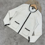 Talbots Fringe Tweed Knit Button Front Cardigan Ivory Black Pockets Wool Blend M Photo 3