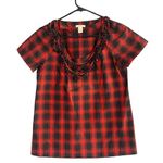J.Crew Red & Black Silk Short Sleeve Plaid Beaded Neck Blouse Women Sz 2 Photo 0