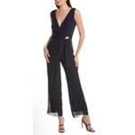 Marina Navy Gathered Chiffon Zip V Neck Jumpsuit Size 6 (Missing Broach ) Blue Photo 4