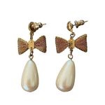 Vintage Dangling Bow Earrings Faux Teardrop Pearl Formal Costume Drop Gold Photo 2