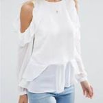 ASOS White Ruffled Blouse Cold Shoulder Tiered Long Sleeve Gold Buttons Size 10 Photo 2
