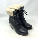Sorel After Hours Lace Shearling Boot Black Leather Wedge Size US 6 Photo 0