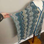 Sigrid Olsen  Poncho Crocheted Open Knit Chevron Wool Art To Wear Blue Green Grey Photo 2