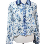 Magaschoni  Linen Blue White Floral Crop Boxy Button Down Blouse size XL Photo 0