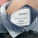 Sonoma ‎ Women’s Navy and White Checkered Flannel Collared Shirt Plaid Top Photo 2