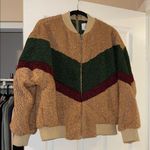 J.O.A. Tan and Green Teddy Jacket with Chevron Design Photo 0