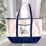 Vintage Ivory Navy Blue Embroidered Wolf Boat Oversized Tote Bag Fisherman Style Photo 0