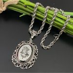 Whiting & Davis Vintage  Black Glass Intaglio Flowers Pendant Silvertone Necklace Photo 0