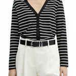 Mango Striped V-Neck Rib-Knit Striped Cardigan Black Cream NWT Size 4 / Small Photo 0