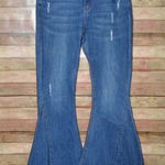 Lucky & Blessed Mid Rise Flare Jean STRETCH 14 Bellbottom Boho Western Raw Hem Blue Photo 0