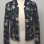 Zara Basic Floral Print Blazer Sz Sm Faux Leather Trim Black Cropped Jacket Photo 0