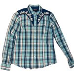 Cruel Girl Denim Ladies Blue Plaid Embroidery Western Retro Shirt Photo 0