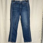 Paige Hoxton Straight Ankle Raw Hem High Rise Indigo Cream Stripe Jeans Size 27 Photo 1