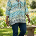 JM Collection Tunic 12 Geometric Print Blue Yellow Beaded Cotton Slit Pullover Photo 0