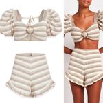 NWT PatBo Striped Crochet tan cream natural puff sleeve crop top sz 8 40 Photo 2