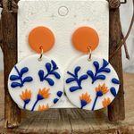 Handmade Polymer Clay Blue & Orange Floral Earrings Photo 0