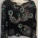 Scala  Beades/Sequin Pure Silk Blouse Black Green Gold Vintage Size Larg Photo 0