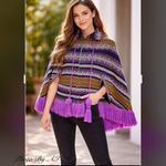 VINTAGE Poncho Full Zip Arm Holes Collar Purple Print Fringe Pom Poms One Size Size undefined Photo 9