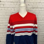 Marsh Landing  Sweater Vintage V Neck 100% Cotton Striped Red/Blue/White-Medium Photo 4