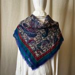 Amanda Smith Vintage  Paisley Wool Scarf Teal Blue Fringe Square Print 31x32 Photo 5