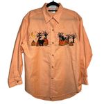 Vintage Halloween Embroidered Button Up Black Cat Pumpkin Moon Spooky‎ Sz Medium Orange Photo 0