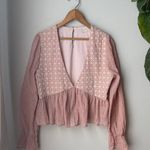 Saints & Hearts Blush Pink Boho Long Bell Sleeve Crop Peplum Deep V Neck Blouse Size L Photo 0