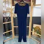 Clara Sun Woo Navy Crepe Open Back Short Sleeve Stretch Travel Jumpsuit Photo 6