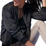 Rock & Republic  Lace Up Cropped Black Zip Up Lightweight Bomber Jacket Womens S Photo 3