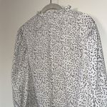 Four Leaf Abstract Print Blouse White Black Mock Neck Long Sleeve Ruffle Cuff S Photo 3