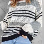 Boutique Striped Grey Black Striped Round Neck Loose Knit Sweater Women’s Size Small Photo 0