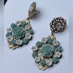 Gold Filigree Rose Earrings dangle drop flowers boho renaissance vintage large Photo 7