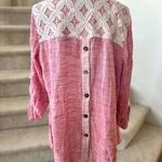 John Mark Red & Cream Lace Button Back Linen Blend Blouse Photo 0