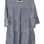 HOTOUCH Womens Gingham Tiered‎ Mini Dress 3/4 Sleeve Blue White Casual Size L Photo 0