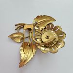 Art Deco Rhinestone Flower Three Dimensional Brass Tone Metal Fur Clip Gold Photo 3