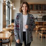 Roxy Grey Knit Cardigan with Geometric Designs Size Medium Photo 13