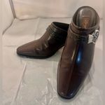 Brighton Tapa Brown Leather Weave Strap Buckle Mules Croc Heel Pumps Size US 7.5 Photo 5