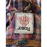 Roar‎ Distressed Western Shirt Size Large Embroidery Lace Rhinestones Plaid Red Photo 8