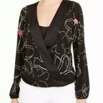 Alfani Womens Blouse Top Faux Wrap Floral Print Long Sleeves Black White Pink M Photo 3