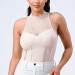 Privy Bodysuit Womens Medium Pink Lace High Neck Corset Bodysuit Bustier Top NWT Photo 0