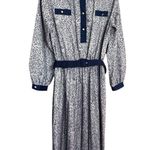Vintage Hal Hardin Long Sleeve Navy & White Pleated Dress W/ Belt & Gold Buttons Blue Size 14 Photo 0