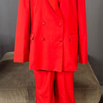 Women’s Red 2 Piece Formal Tuxedo Suit Satin Peak Lapel Dbl Breasted L **READ Size L Photo 0