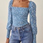 Reformation  Pinto Smocked Square Neck Long Sleeve Blouse Top Floral Blue Medium Photo 1
